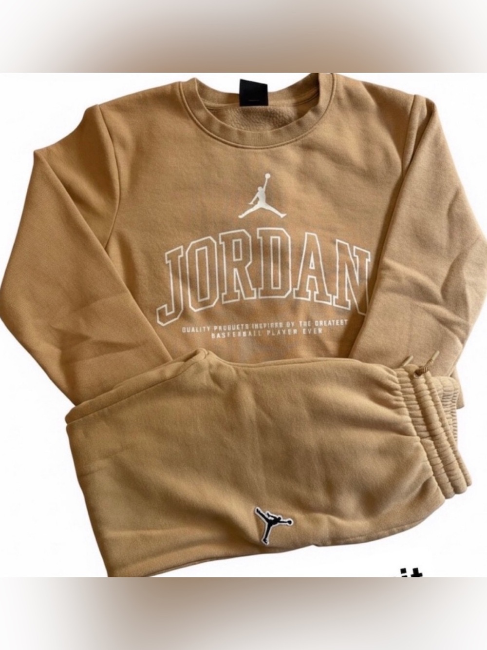 Jordan Kids Tan Crewneck Sweatshirt & Joggers Set with White Logos